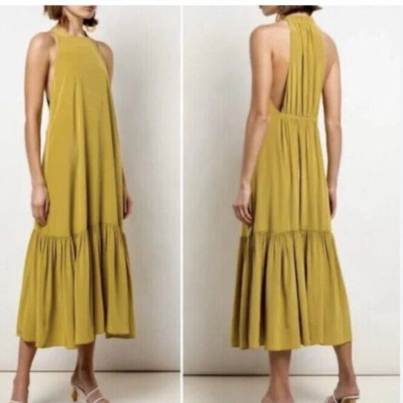 Tibi Dresses & Skirts - Tibi 100% Silk Eco Halter Drop Waist Ruched Midi Dress Tan Ochre Green size 4